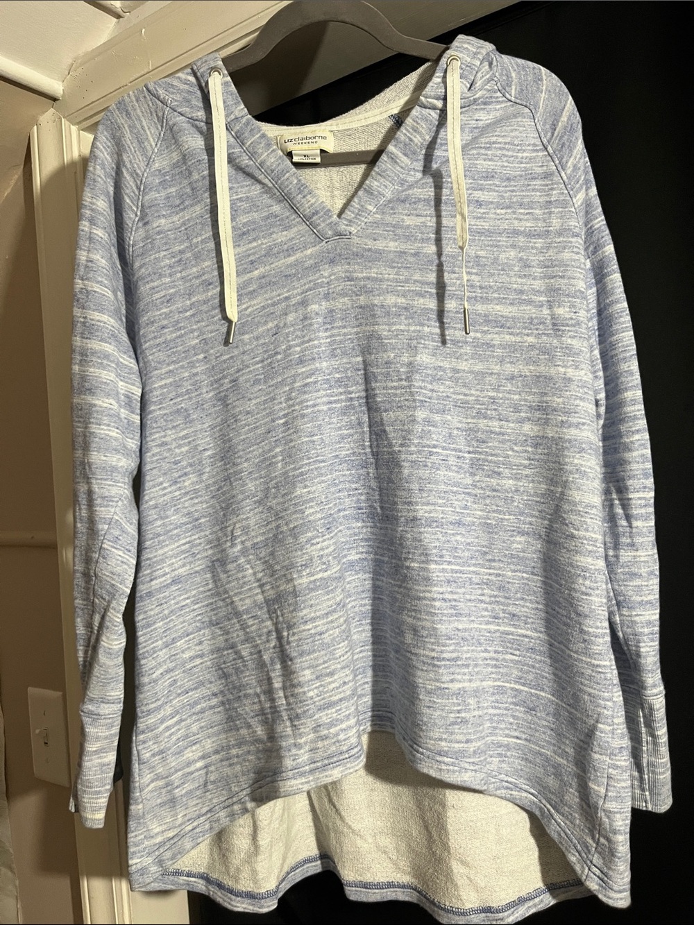 Liz Claiborne Light Blue & White Striped V-Neck Hoodie Sweater